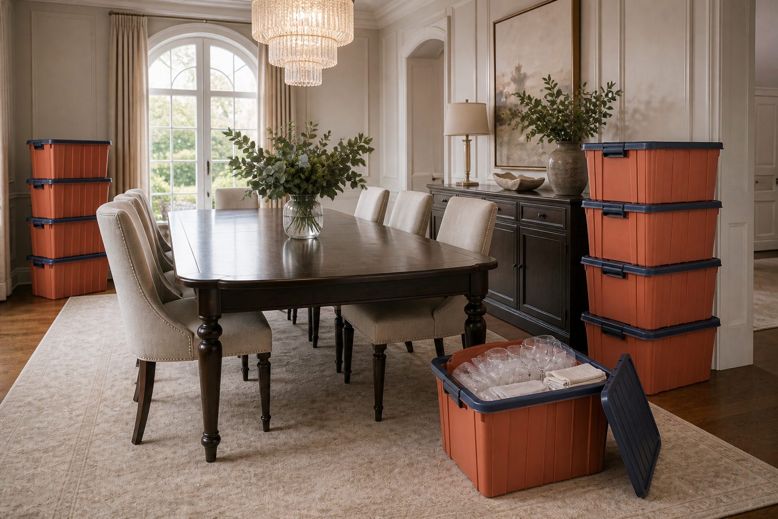 Terracotta moving totes packed in a luxury dining room