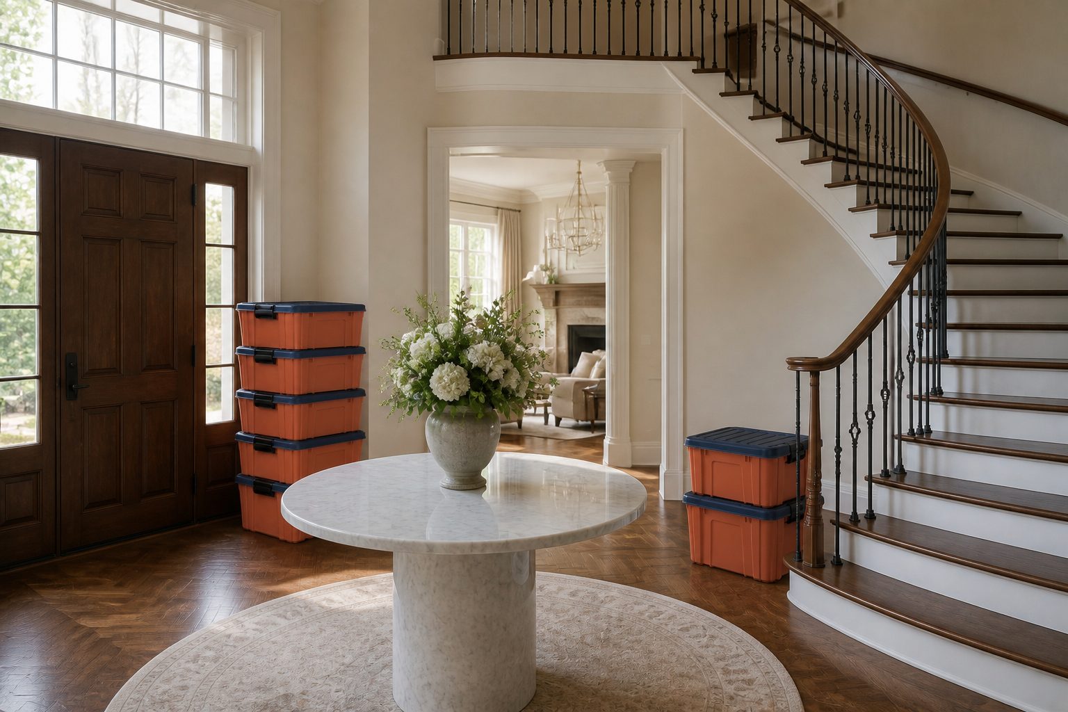 Stacked terracotta totes with navy lids in a luxury foyer