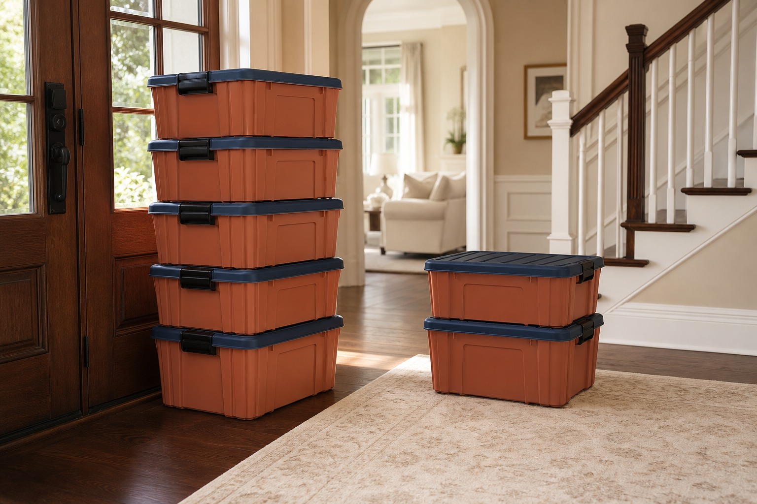 Stacked moving totes ready for a residential move