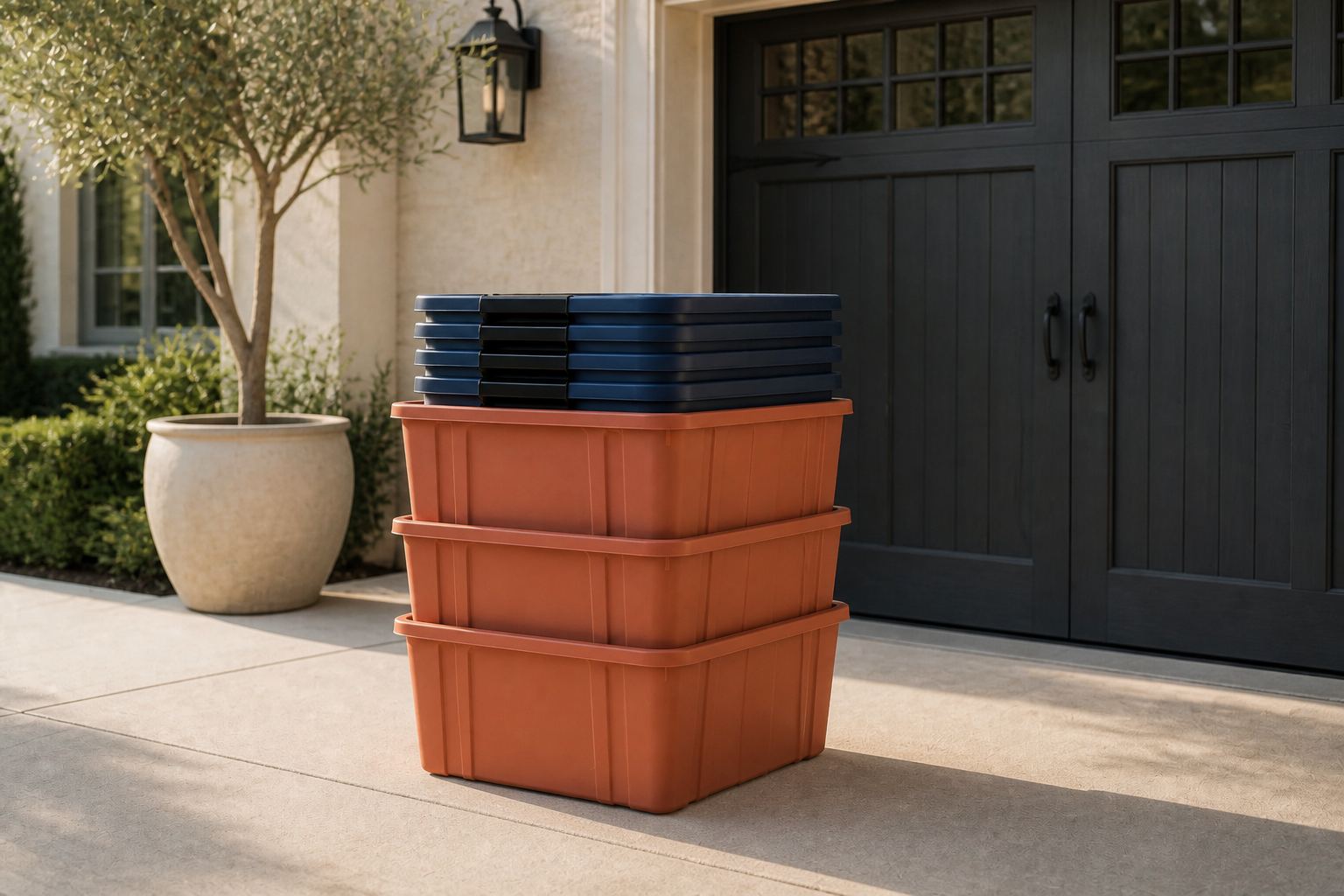 Empty terracotta tote bodies stacked in front of a garage, navy lids stacked on top