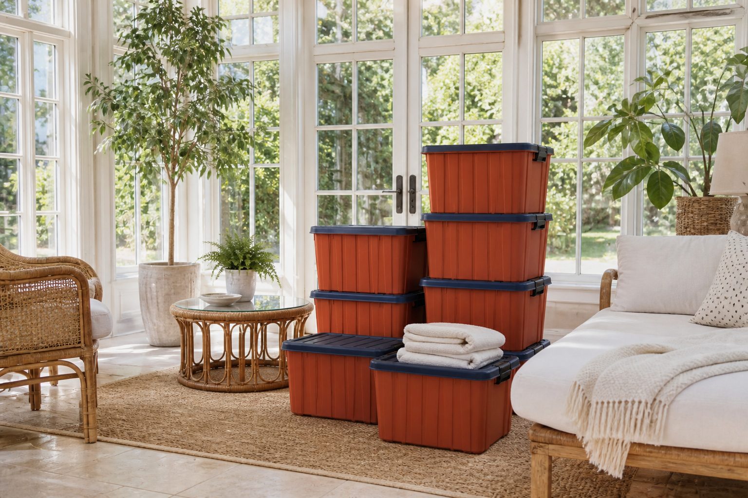 Terracotta moving totes in a sunlit luxury sunroom