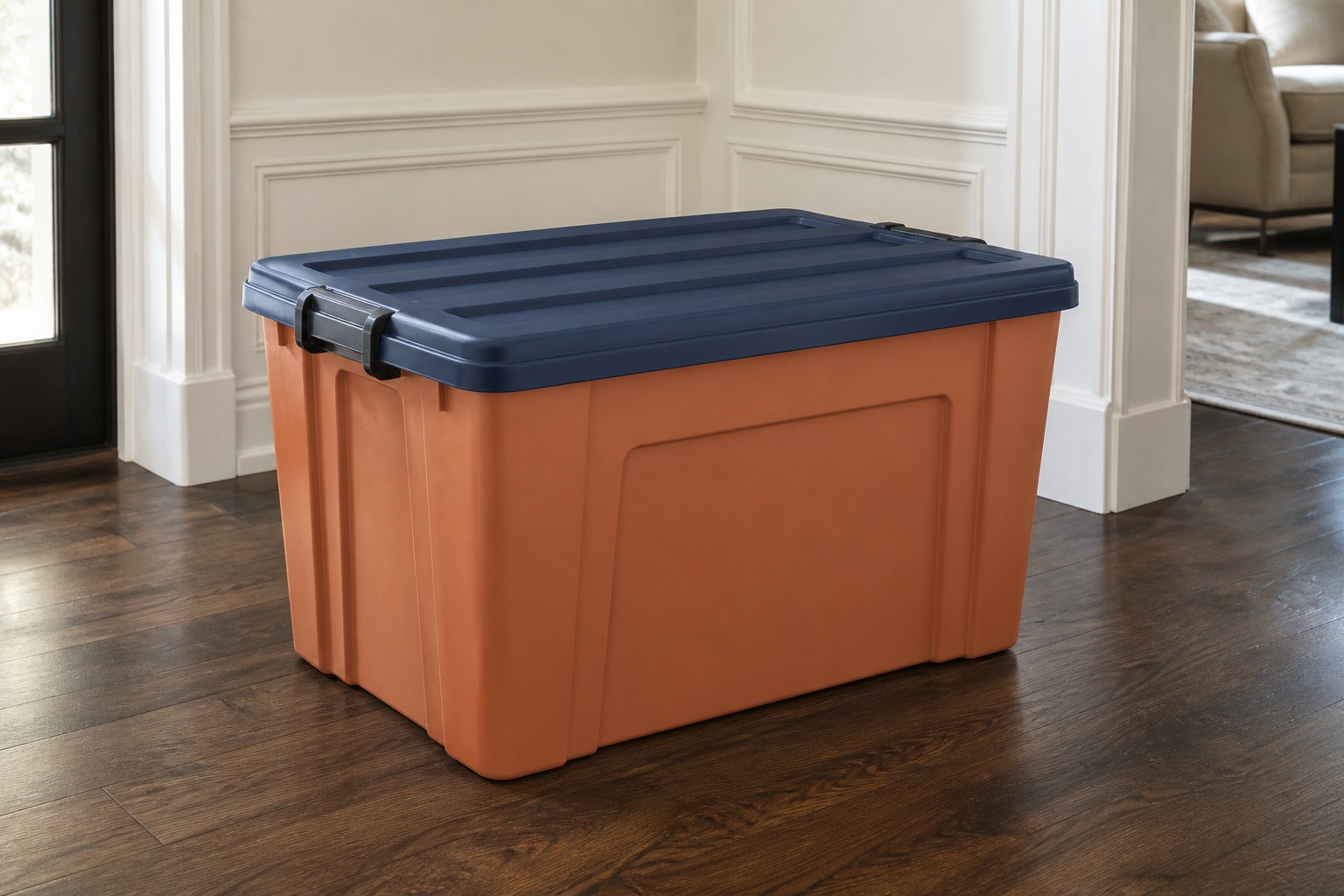 Large 32 gallon terracotta moving tote with a navy lid and roller wheels