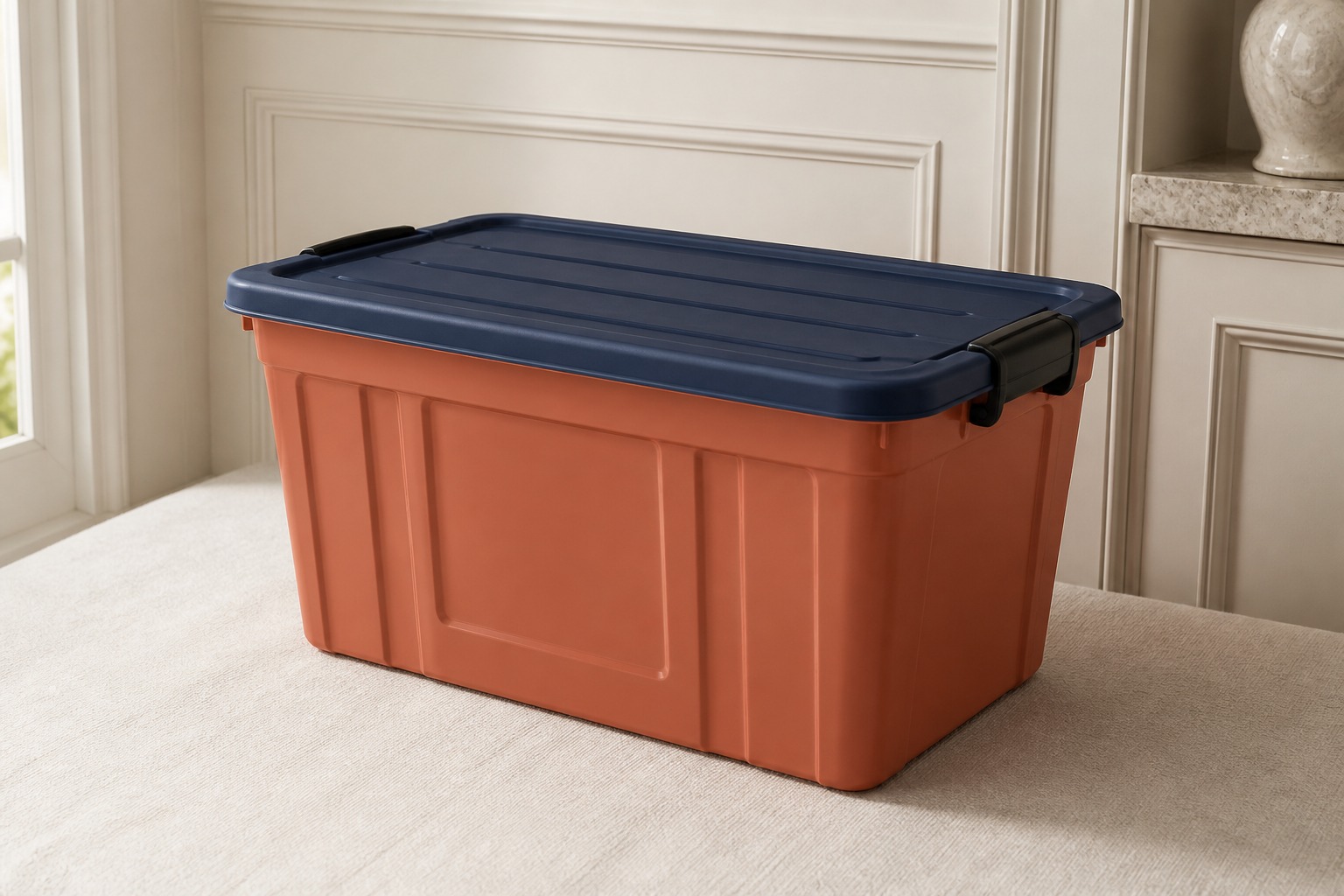 Medium 20 gallon terracotta moving tote with a navy lid